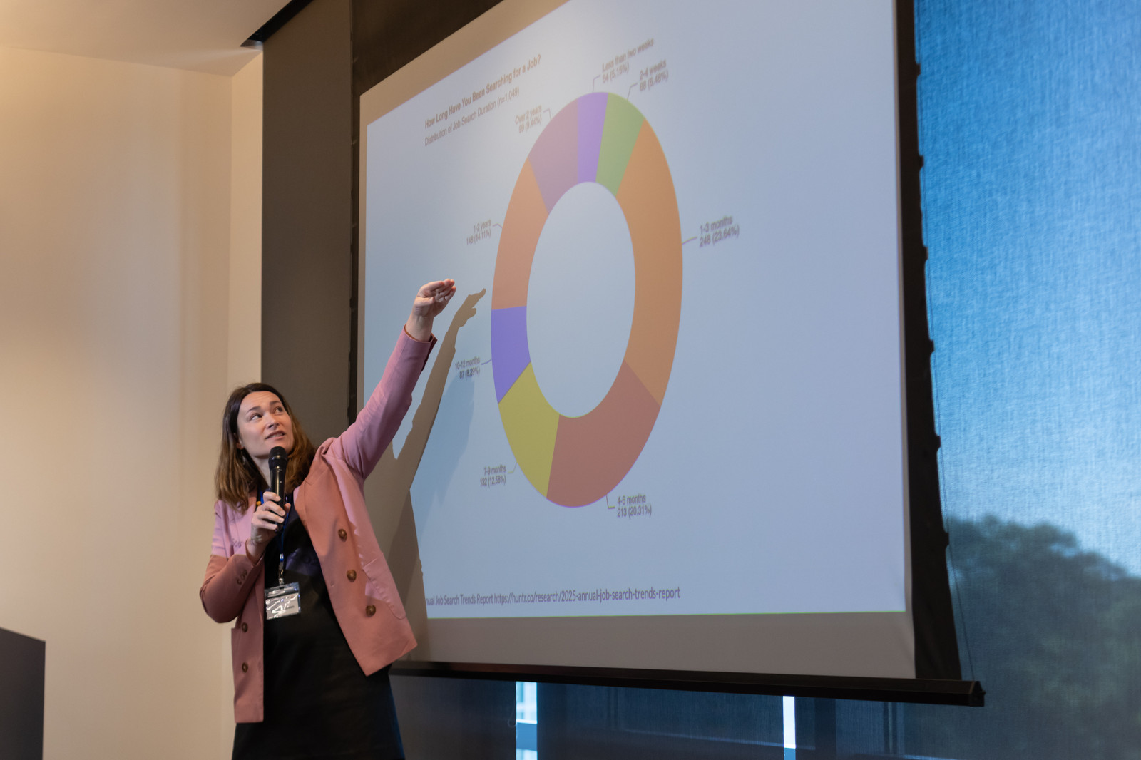 A speaker points to a job-search-duration chart while sharing 2025 job-market trends.