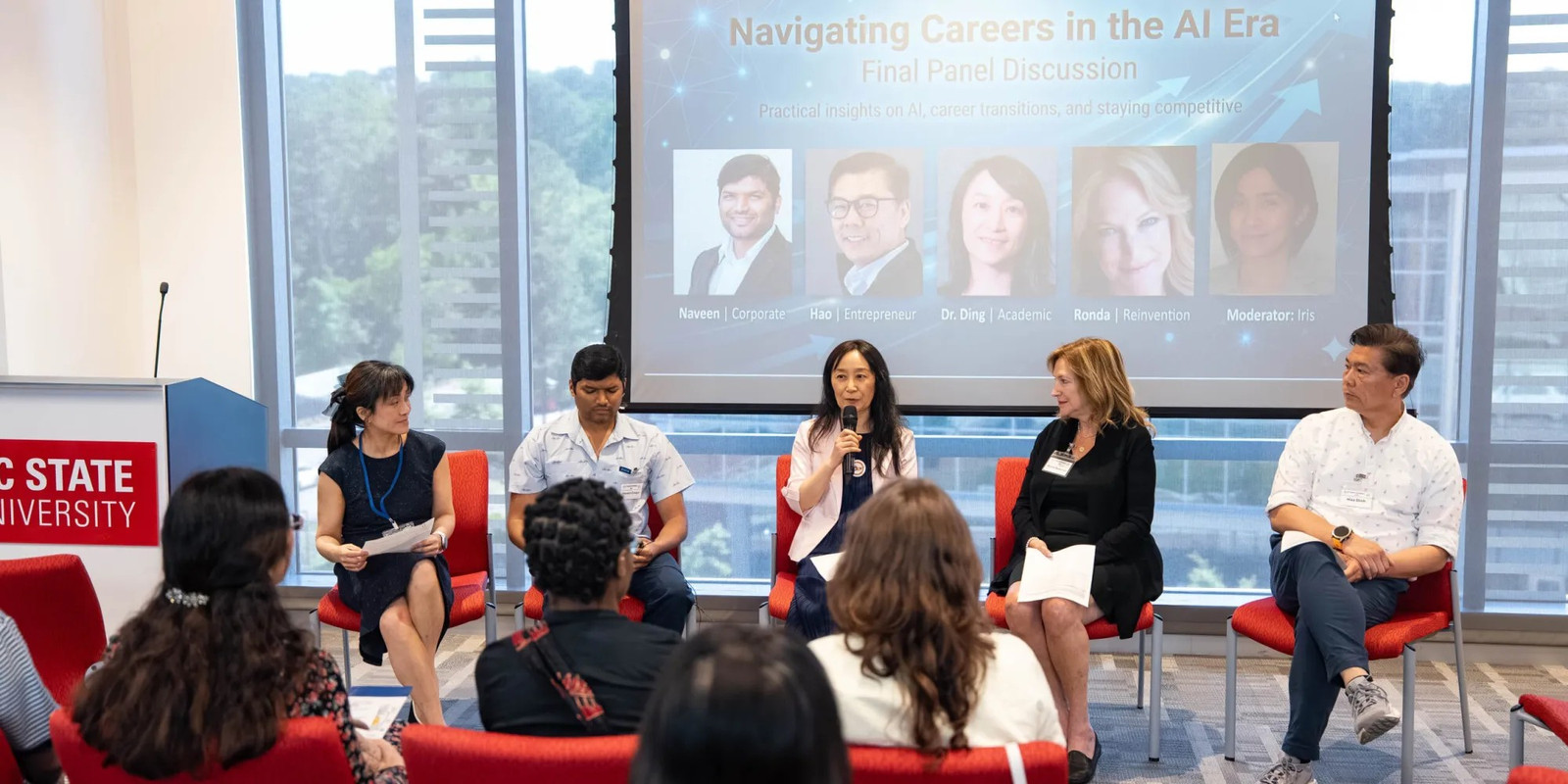 The five-person closing panel, 'Navigating Careers in the AI Era,' takes questions from the audience.