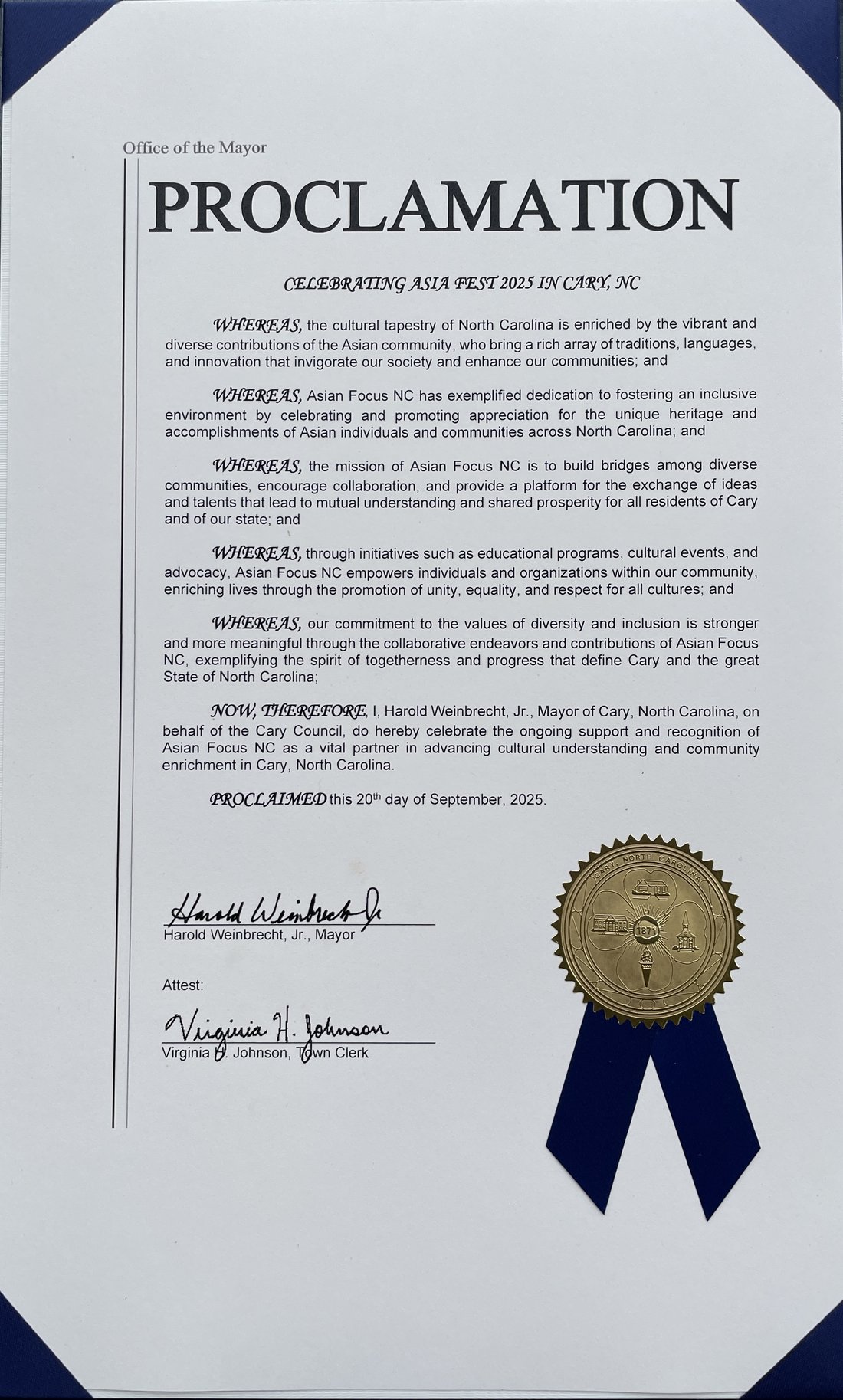 Official Town of Cary mayoral proclamation celebrating Asia Fest 2025 and recognizing Asian Focus NC